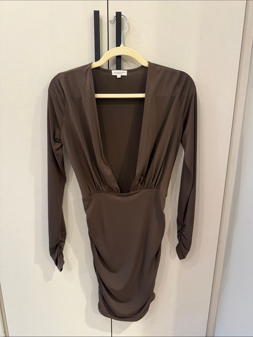 Deep V Long Sleeve Chocolate Bodycon Dress